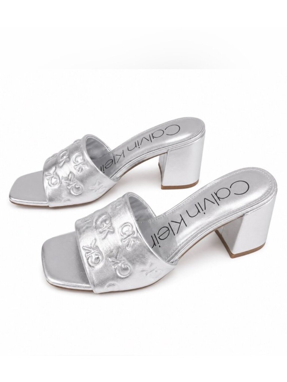 Calvin Klein Womens Silver Metallic Block Heel Sandals With Embossed CK Logo Ope
